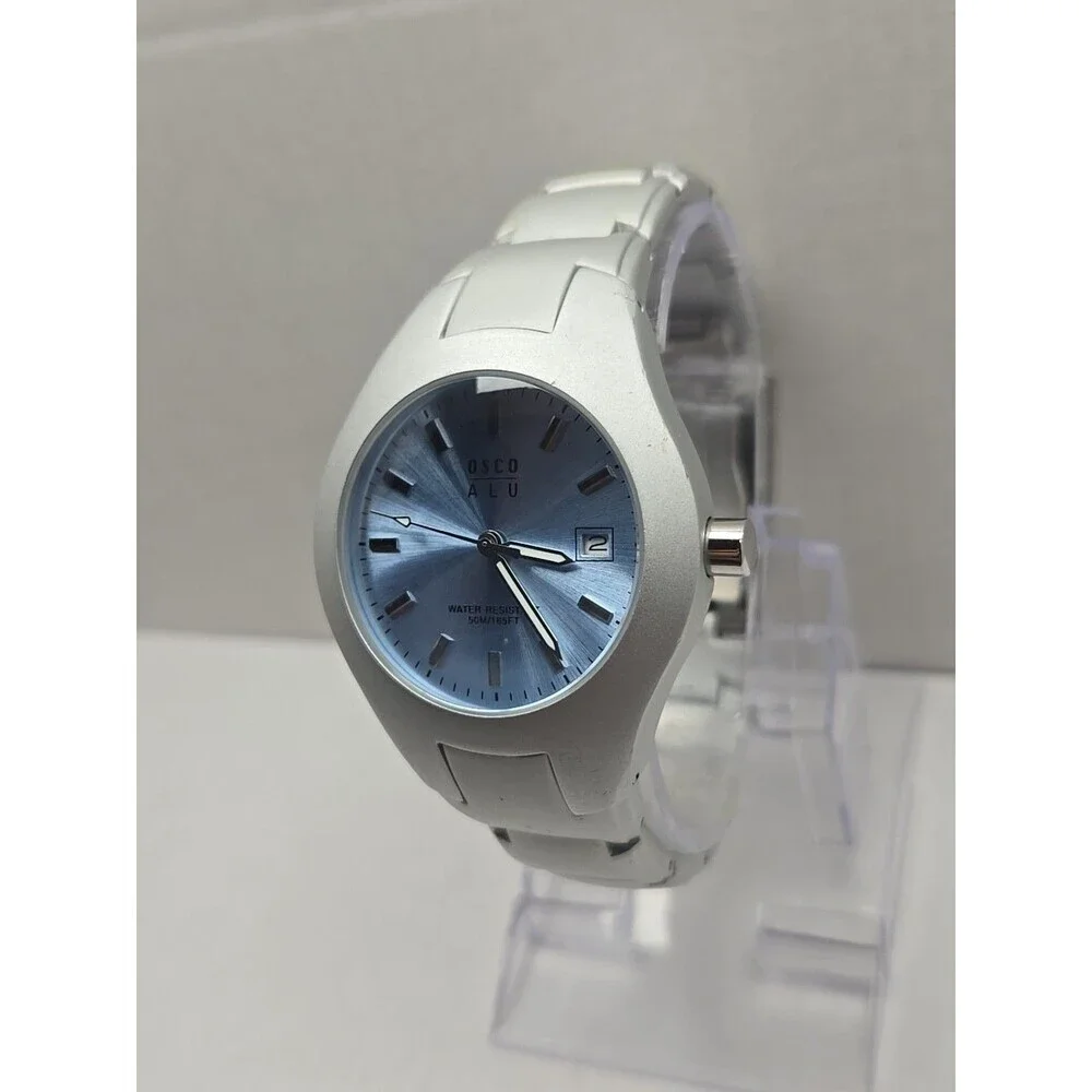 Osco ALU Quartz Watch Womens Blue Dial Date 50M165FT Water Resistant New Battery